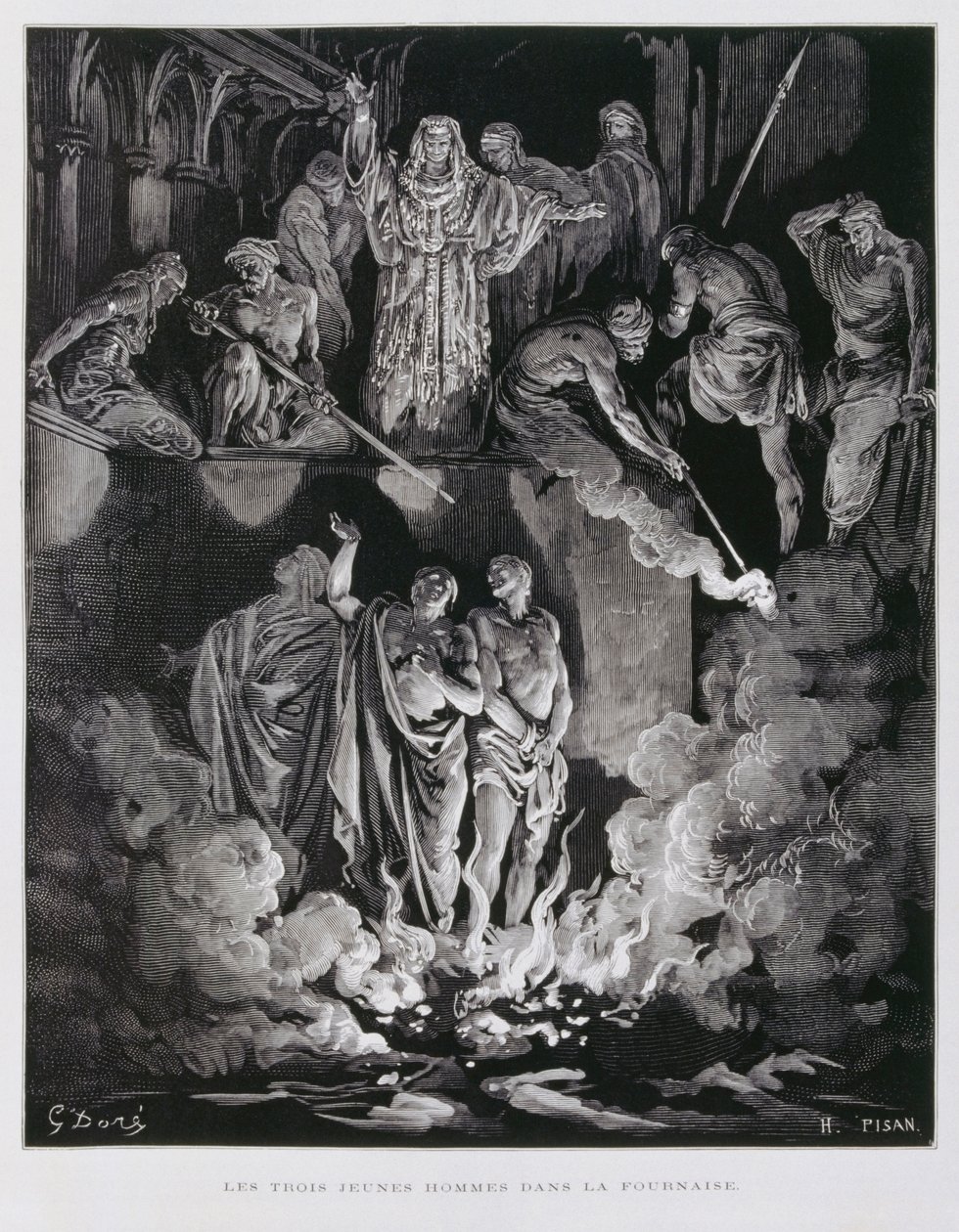 Schadrach, Meschach und Abednego im Feuerofen, Illustration aus der Dore-Bibel von Gustave Dore