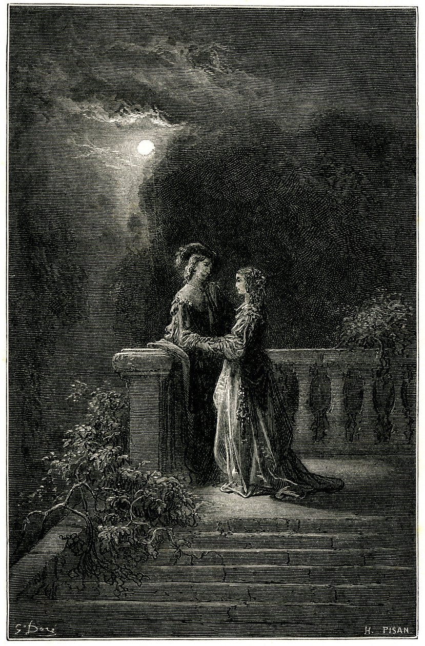 Sigognac und Isabelle: Liebende endlich vereint im Mondlicht. Am Ende triumphiert die Liebe! Illustration von Gustave Doré zum Schelmenroman von Théophile Gautier „Le capitaine Fracasse“, Ausgabe Charpentier 1863. von Gustave Dore