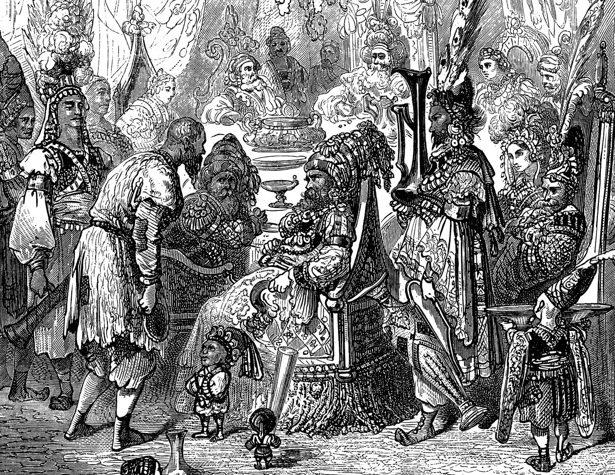 Sindbad der Seefahrer - Geschichte aus den Tausendundeiner Nacht - Illustration von Gustave Doré (Detail) - Maxwell-Ausgabe 1865 - Prolog: Ein armer Träger (Hinbad) stellt sich vor Sindbad, der alt und reich geworden ist. Letzterer wird ihm erzählen von Gustave Dore