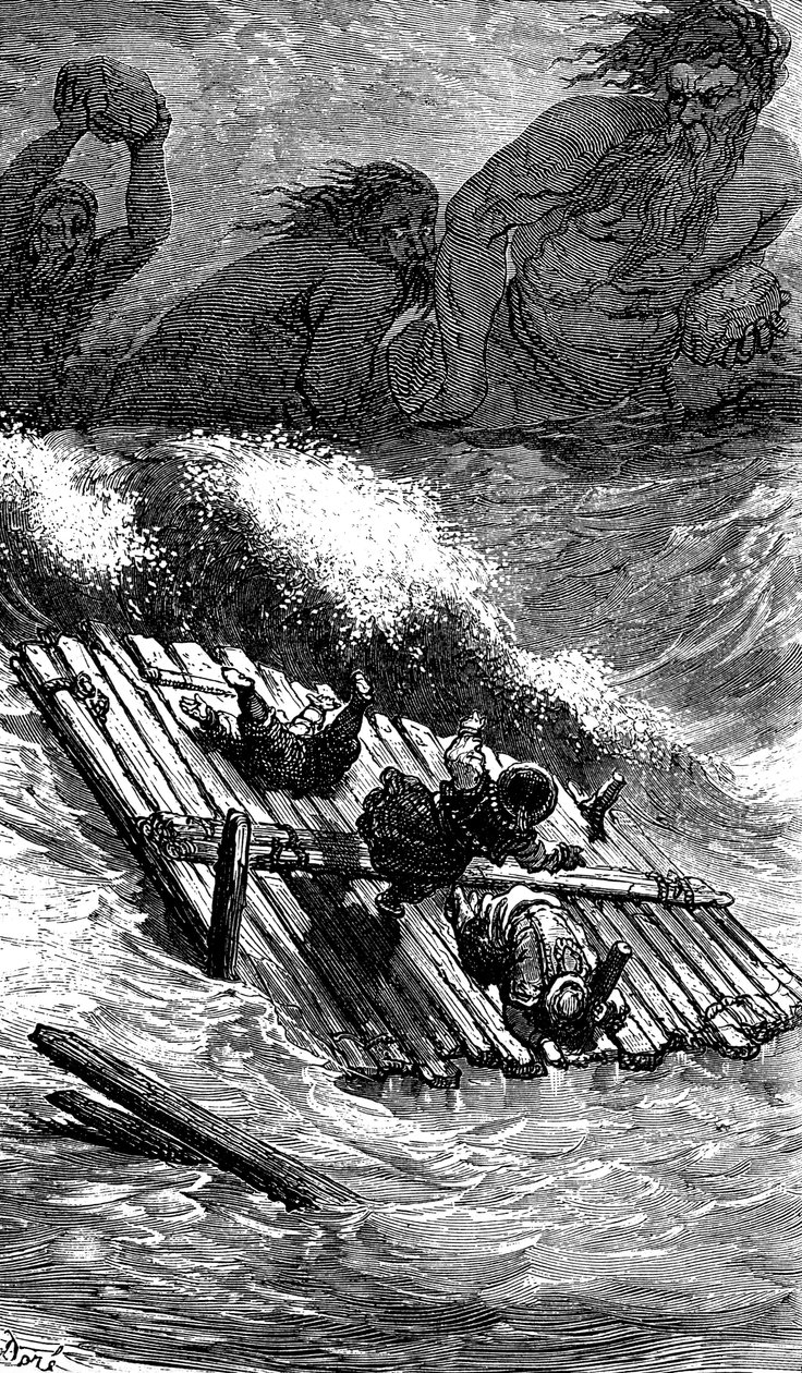 Sindbad der Seefahrer - Geschichte aus Tausendundeiner Nacht - Illustration von Gustave Doré - Maxwell-Ausgabe 1865 - Dritte Reise: Sindbad und seine Gefährten werden auf einem Floß von Riesen verfolgt, die riesige Steine auf sie werfen von Gustave Dore