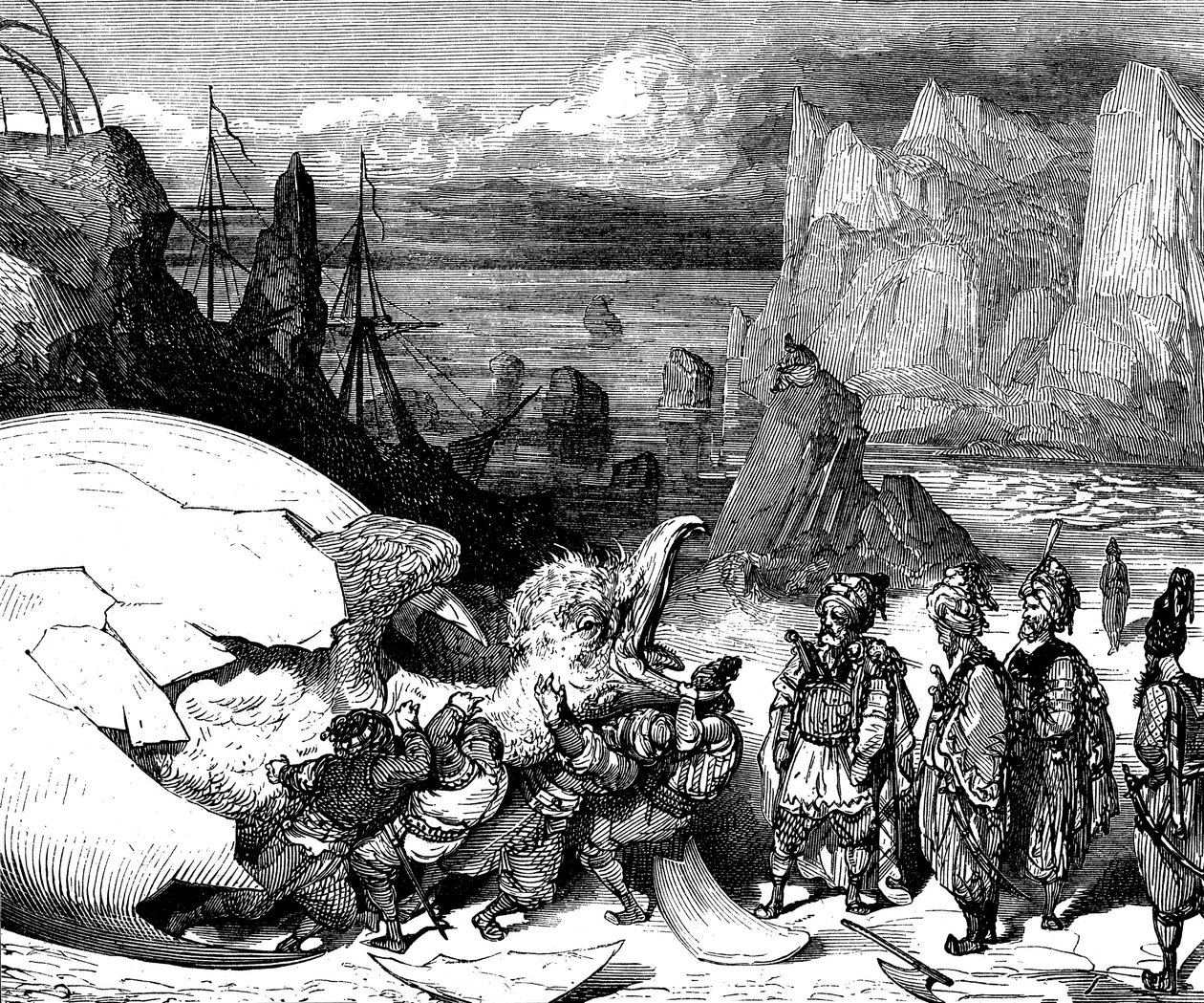 Sindbad der Seefahrer - Geschichte aus Tausendundeiner Nacht - Illustration von Gustave Doré (Detail) - Maxwell-Ausgabe 1865 - Fünfte Reise: Die Kaufleute, die Sindbad begleiten, brechen die Schale eines gigantischen Eies des Riesenvogels Roc, um ein... von Gustave Dore