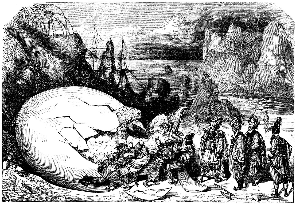 Sindbad der Seefahrer - Geschichte aus den Tausendundeine Nacht - Illustration von Gustave Doré - Maxwell-Ausgabe 1865 - Fünfte Reise: Die Kaufleute, die Sindbad begleiten, brechen die Schale eines riesigen Eies des Vogels Roc auf, um ein riesiges Baby zu  von Gustave Dore