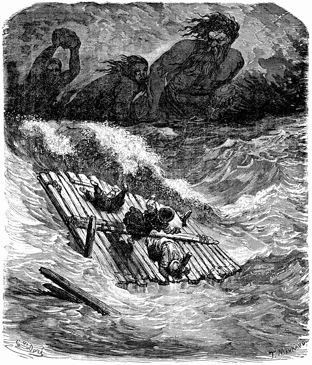 Sindbad der Seefahrer - Geschichte aus Tausendundeiner Nacht - Illustration von Gustave Doré - Ausgabe Maxwell 1865 - Dritte Reise: Sindbad und seine Gefährten werden auf einem Floß von Riesen verfolgt, die riesige Steine auf sie werfen. von Gustave Dore