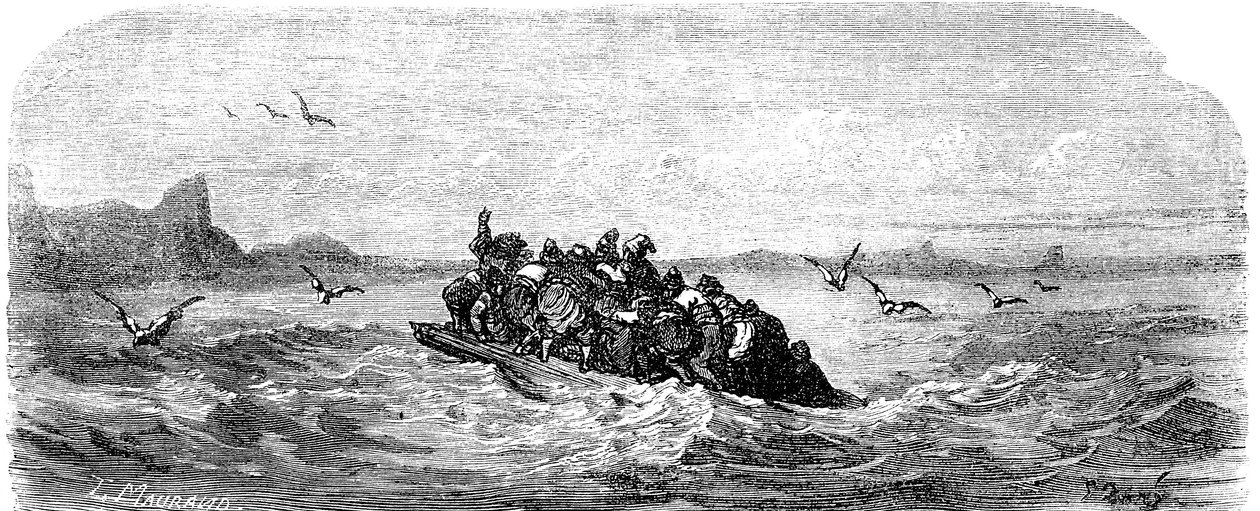 Sindbad der Seefahrer - Märchen aus Tausendundeiner Nacht - Illustration von Gustave Doré - Ausgabe Maxwell 1865 - Dritte Reise: Sindbad und seine Gefährten segeln auf einem Floß von Gustave Dore