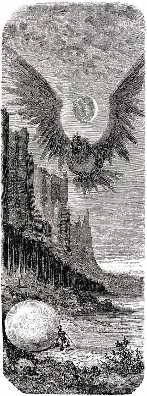 Sindbad der Seefahrer - Märchen aus Tausendundeiner Nacht - Illustration von Gustave Doré - Ausgabe Maxwell 1865 - Zweite Reise: Sindbad entdeckt auf einer Insel ein riesiges Ei des gigantischen Vogels Roc und wird von diesem Riesenangriff angegriffen von Gustave Dore