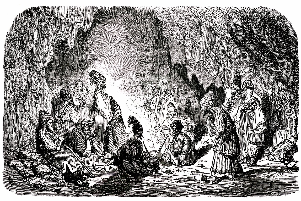Sindbad der Seefahrer - Märchen aus Tausendundeiner Nacht - Illustration von Gustave Doré - Maxwell-Ausgabe 1865 - Erste Reise: Sindbad, von seinen Gefährten mitten im Meer verlassen, erreicht eine Insel und trifft in einer Höhle den Palefrenie von Gustave Dore