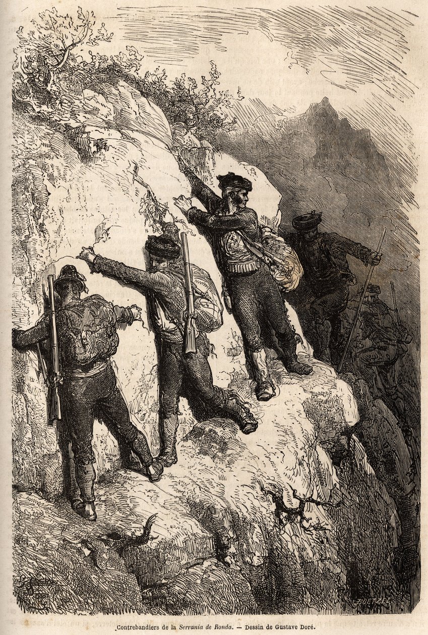 Schmuggler aus der Serrania de Ronda. Zeichnung von Gustave Doré, zur Illustration seiner Reise nach Spanien 1862, mit Ch. Davillier. Gravur in „Le tour du monde“, herausgegeben von Edouard Charton von Gustave Dore