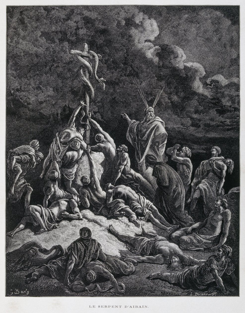 So machte Mose eine bronzene Schlange und setzte sie auf eine Stange. Numeri 21:7, Illustration aus der Dore-Bibel von Gustave Dore