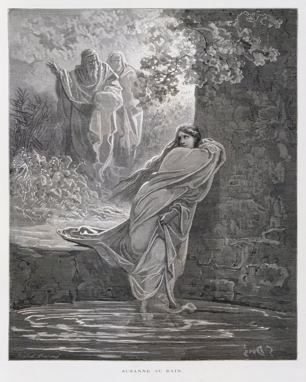 Susanna im Bade (Dan. 13:1-26), Illustration aus der Dore-Bibel von Gustave Dore