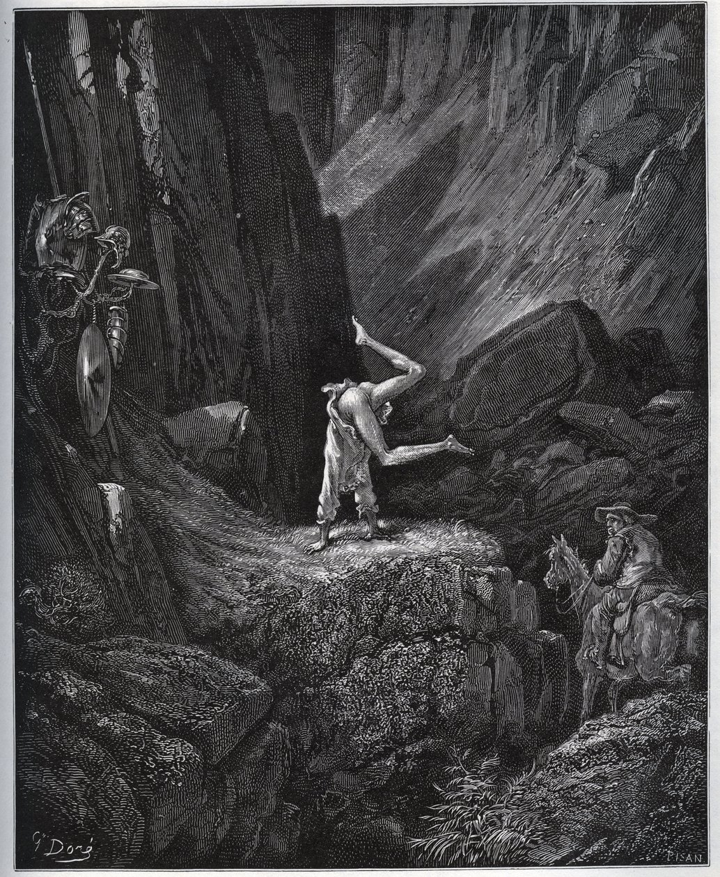 Die akrobatische Buße von Don Quijote in der Sierra Morena - aus „Don Quijote de la Mancha“ von Miguel Cervantes (1547-1616) - Holzschnitt nach einer Zeichnung von Gustave Doré von Gustave Dore