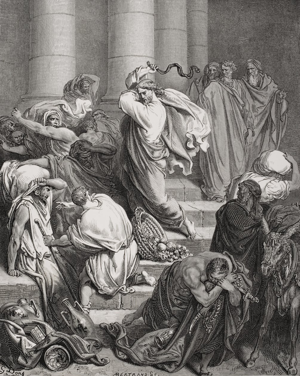 Die Käufer und Verkäufer aus dem Tempel vertrieben, Lukas 19:45-46, Illustration aus Dorés 
