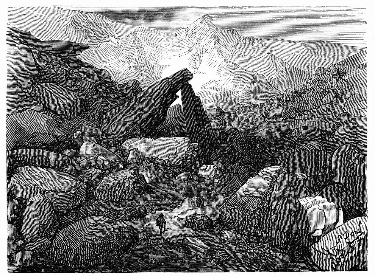 Der Chaospfad, der zum Cirque de Gavarnie führt: Gravur von Gustave Doré, die das Buch „Reise in die Pyrenäen von Hippolyte Taine“ illustriert, Hachette 1860. von Gustave Dore