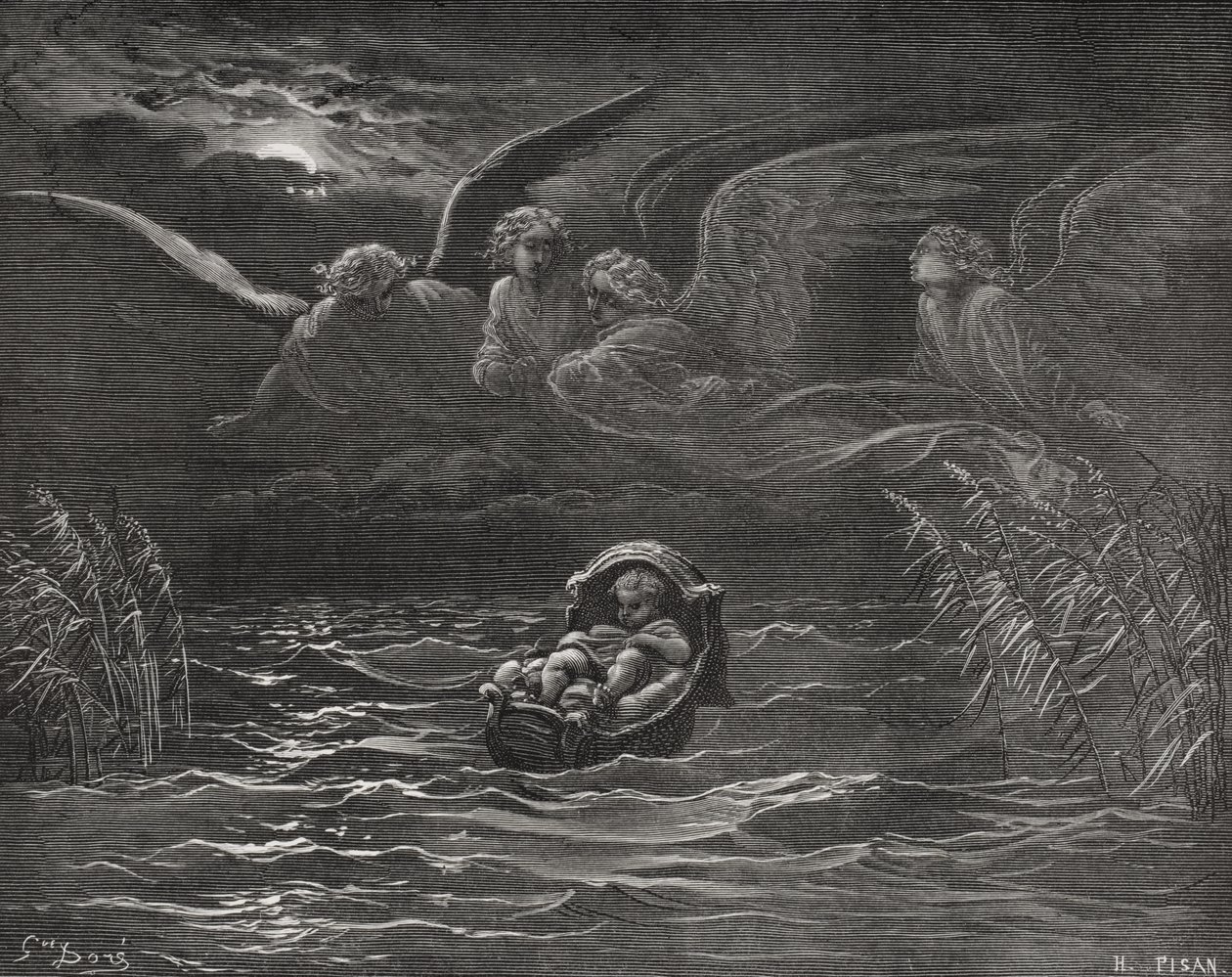 Das Kind Moses am Nil, Exodus 2:1-4, Illustration aus Dore