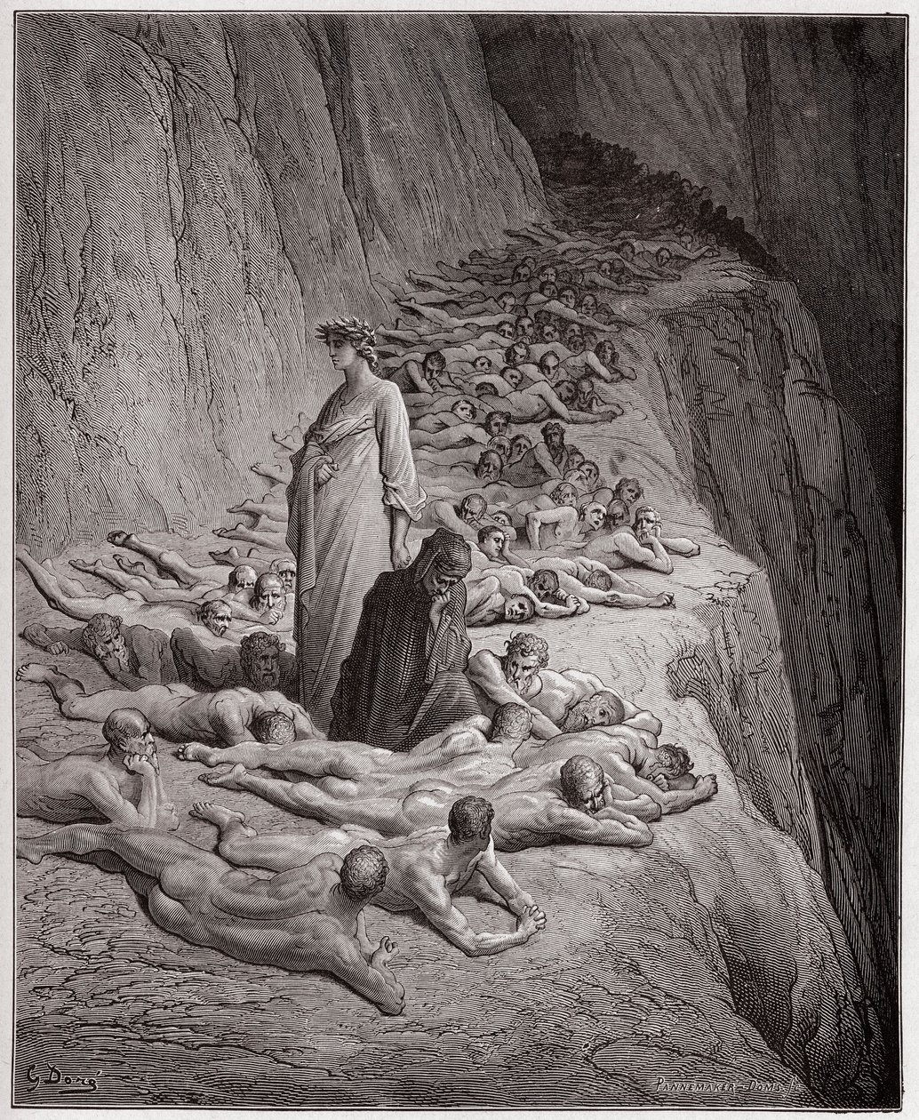 Die Göttliche Komödie (La Divina Commedia), Purgatorio, Gesang 19: Die Seelen der Habgierigen: Adrian V spricht zu Dante - von Dante Alighieri (1265-1321) - Illustration von Gustave Doré (1832-1883) von Gustave Dore