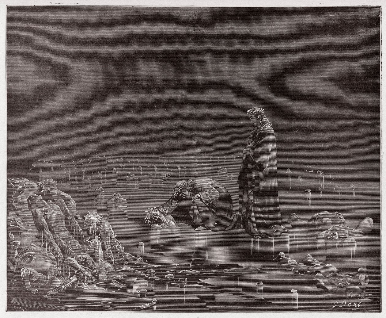 Die Göttliche Komödie, Inferno, Gesang 32: Dante spricht den Verräter Bocca degli Abati an - von Dante Alighieri (1265-1321) - Illustration von Gustave Doré (1832-1883) von Gustave Dore