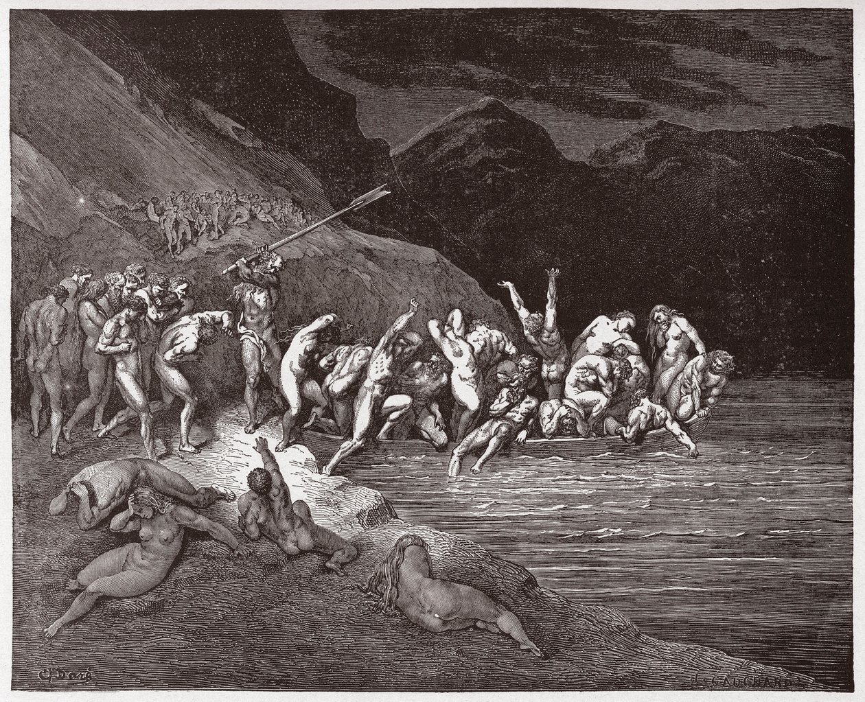 Die Göttliche Komödie, Inferno, Gesang 3: Die verdammten Seelen besteigen das Schiff, um den Acheron zu überqueren (Illustration von Gustave Doré) von Gustave Dore