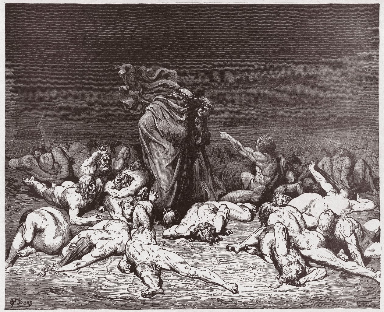 Die Göttliche Komödie, Inferno, Gesang 6: Die Gefräßigen werden von ewigem Regen gepeitscht (Illustration von Gustave Doré) von Gustave Dore