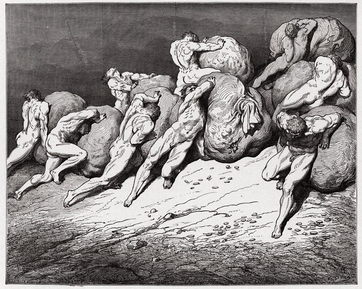 Die Göttliche Komödie, Inferno, Gesang 7: Die Seelen der Geizigen und Verschwender müssen schwere Steine rollen (Illustration von Gustave Doré) von Gustave Dore