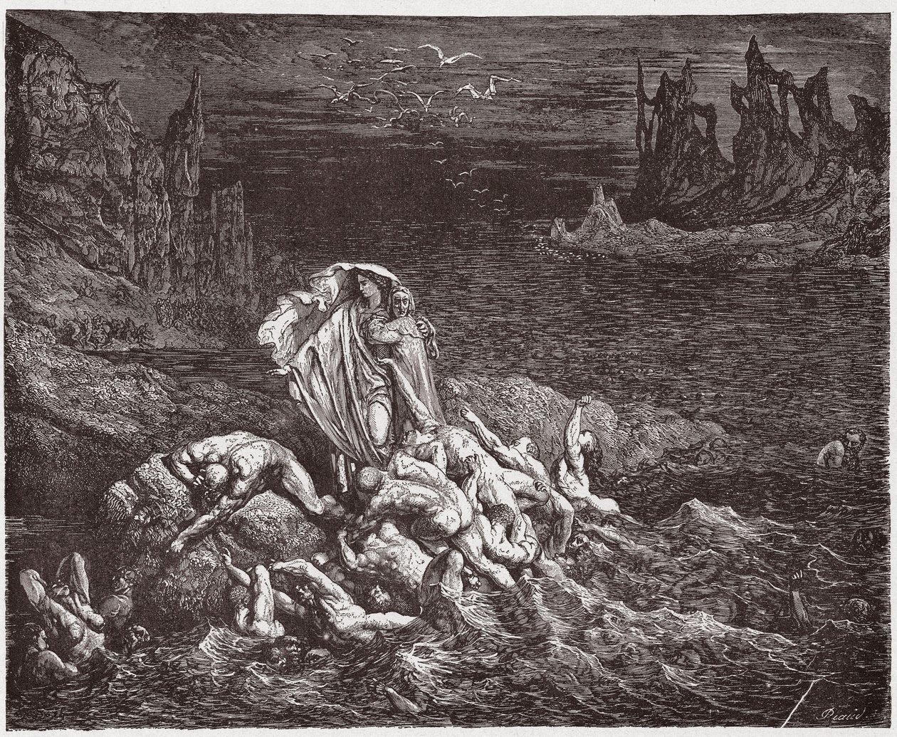 Die Göttliche Komödie, Inferno, Gesang 7: Virgil zeigt Dante die Seelen der Zornigen im Styx - von Dante Alighieri (1265-1321) - Illustration von Gustave Doré (1832-1883) von Gustave Dore