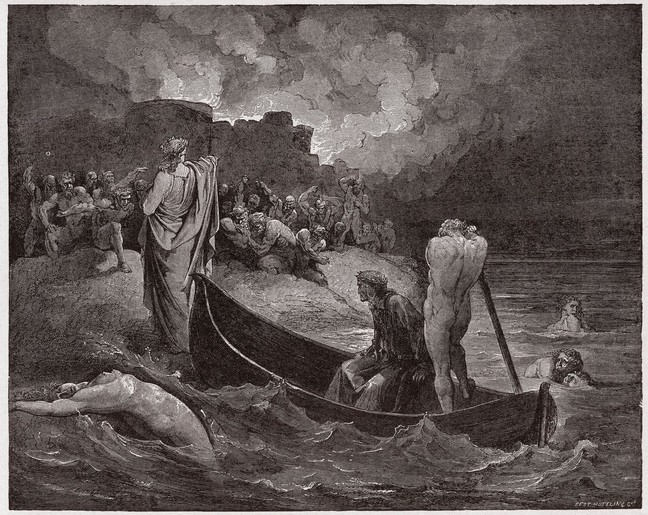 Die Göttliche Komödie (La Divina Commedia), Inferno, Gesang 8: Virgil und Dante landen an der Zitadelle von Dis - von Dante Alighieri (1265-1321) - Illustration von Gustave Doré (1832-1883) von Gustave Dore