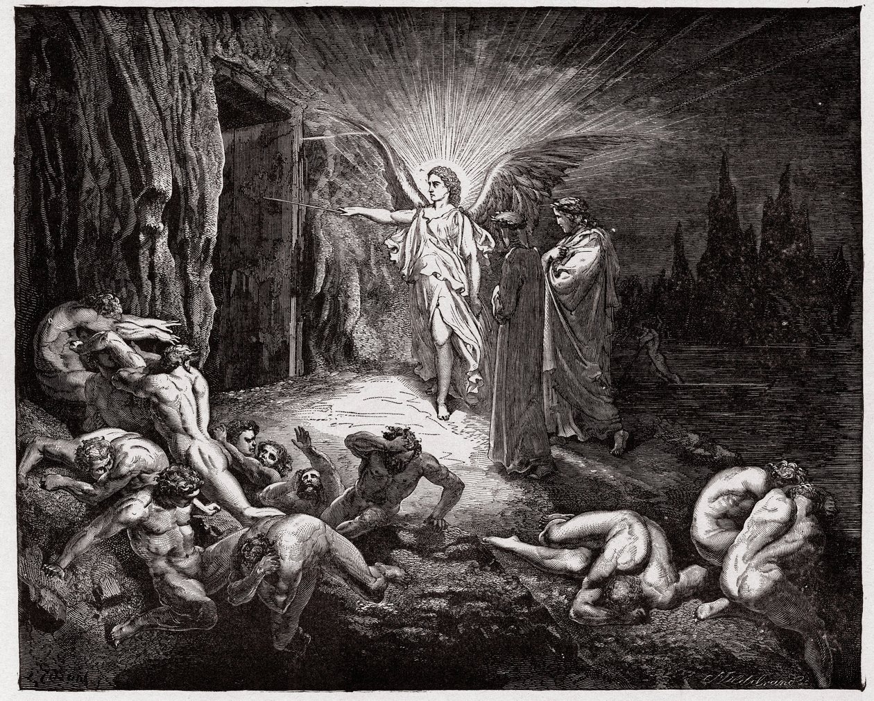 Die Göttliche Komödie, Inferno, Gesang 9: Der Engel öffnet die Tore (Illustration von Gustave Doré) von Gustave Dore
