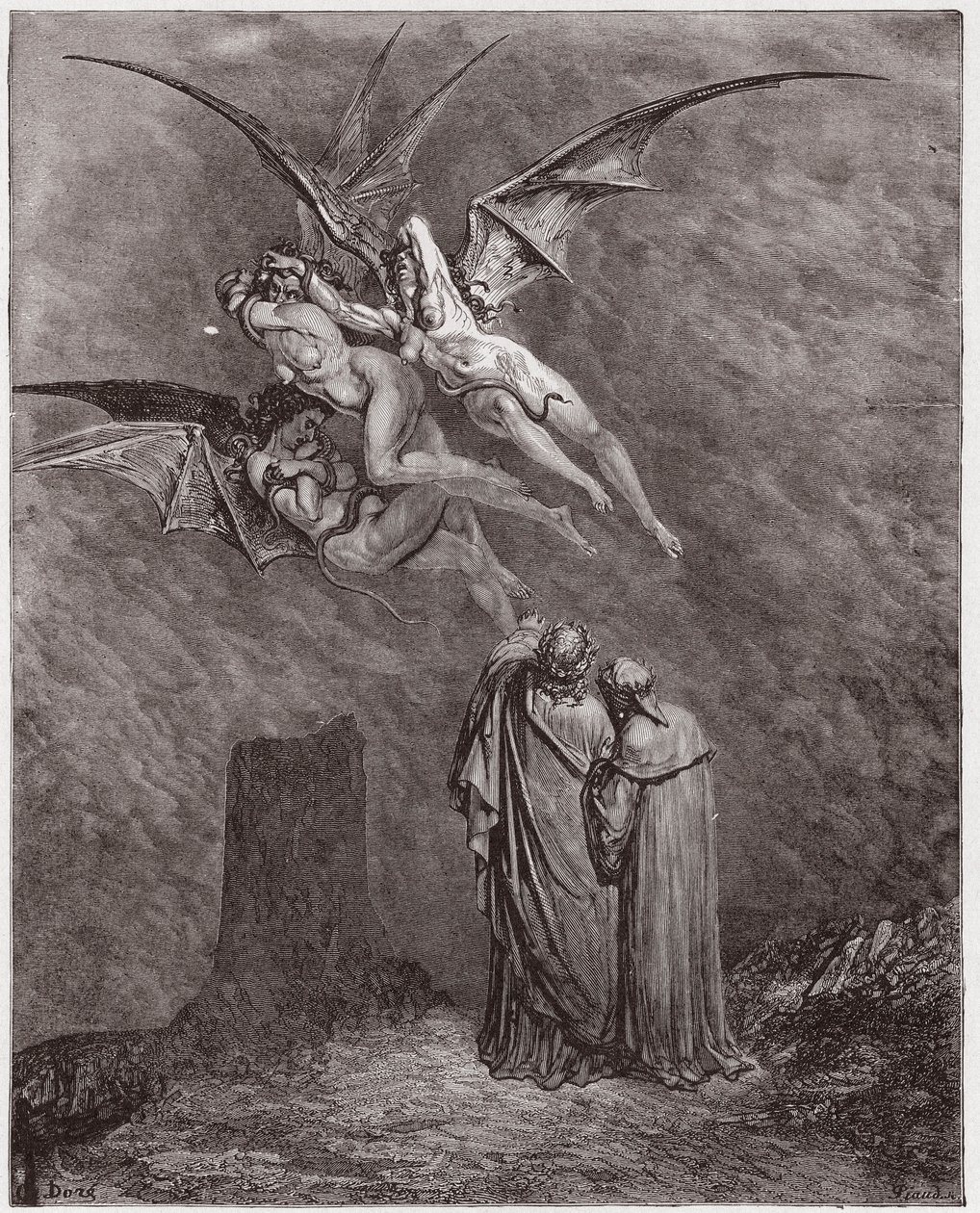 Die Göttliche Komödie (La Divina Commedia, La Divine Comedie), Inferno, Gesang 9: Die abscheulichen Erinyes: Megaera, Tisphone, Alecto - von Dante Alighieri (1265-1321) - Illustration von Gustave Dore (1832-1883) von Gustave Dore