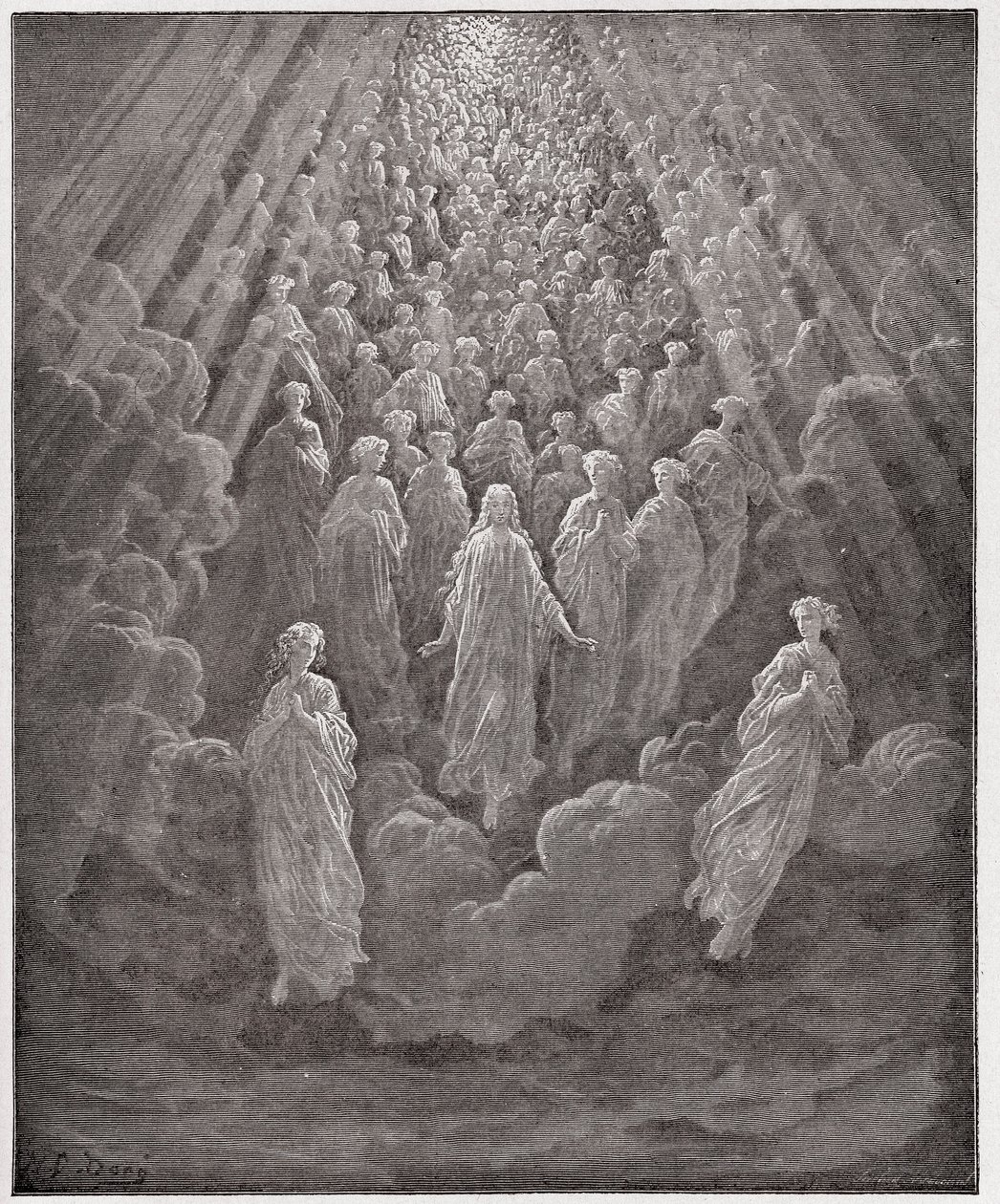 Die Göttliche Komödie, Paradiso, Gesang 5: Die Schar der unzähligen leuchtenden Seelen im zweiten Reich (Illustration von Gustave Doré) von Gustave Dore