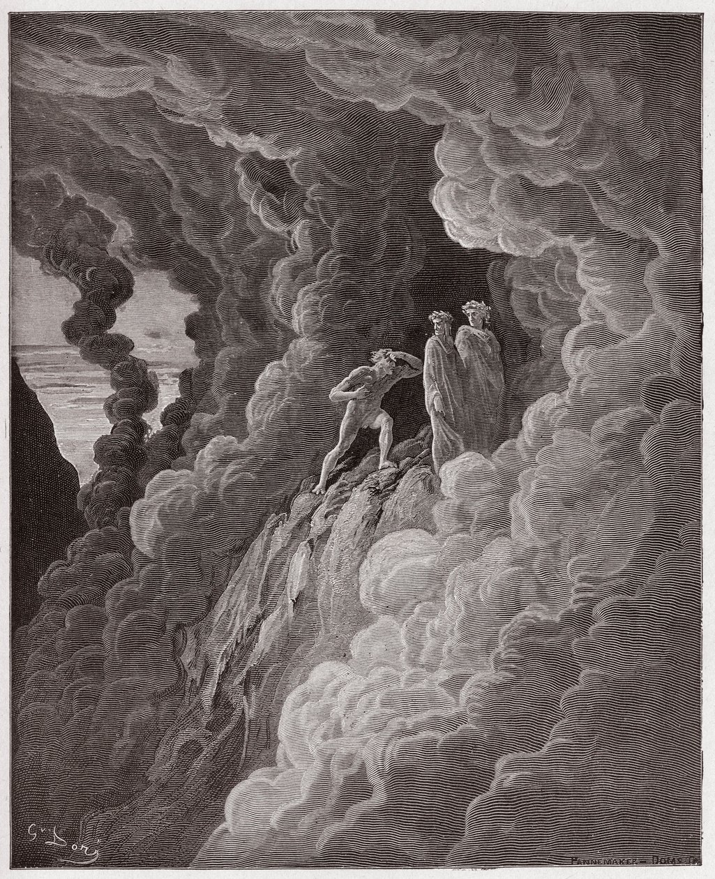 Die Göttliche Komödie, Purgatorio, Gesang 16: Marco Lombardo folgt den Dichtern durch den Rauch - von Dante Alighieri (1265-1321) - Illustration von Gustave Doré (1832-1883) von Gustave Dore