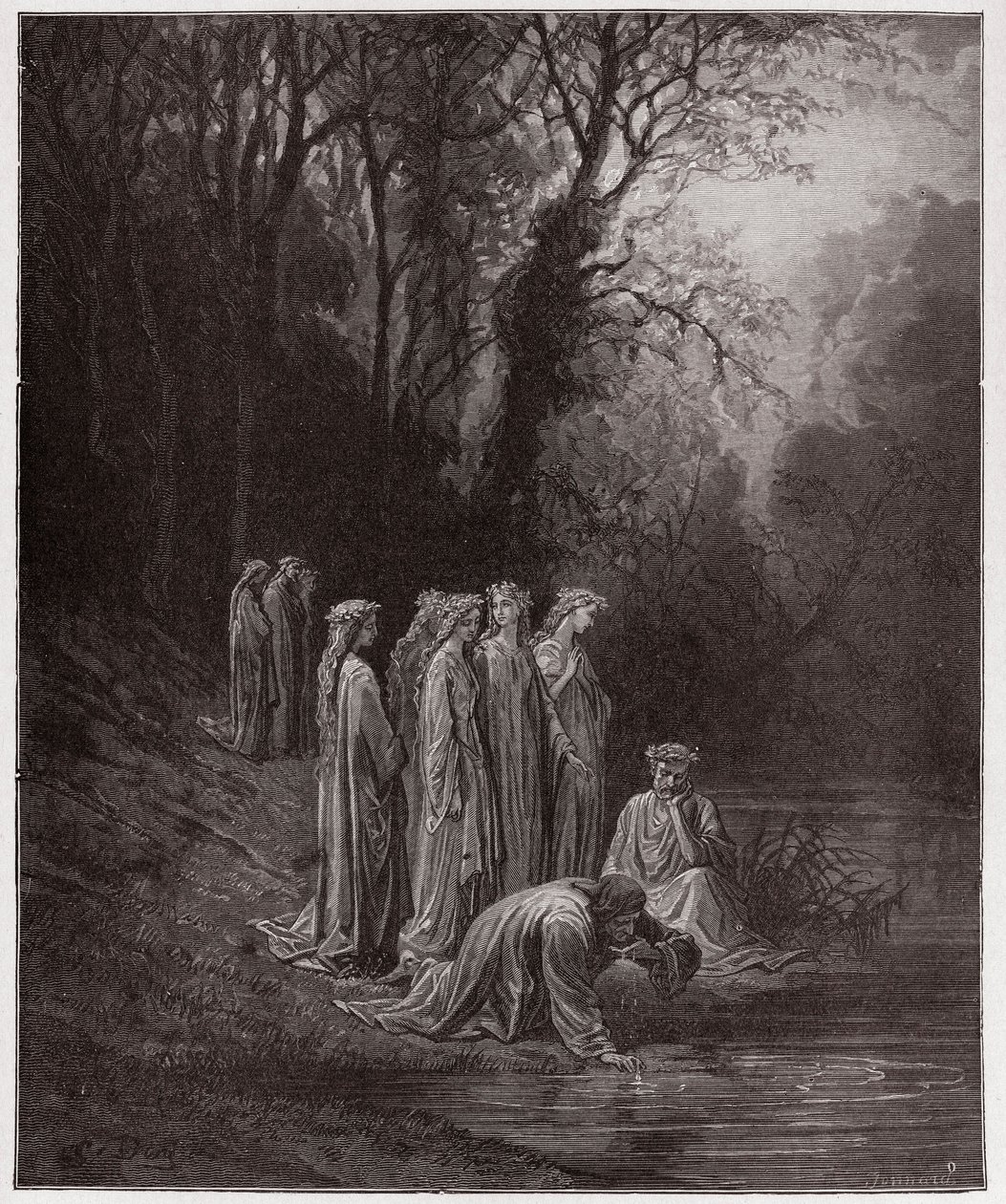 Die Göttliche Komödie, Purgatorio, Gesang 33: Dante trinkt aus dem Fluss Eunoe - von Dante Alighieri (1265-1321) - Illustration von Gustave Doré (1832-1883) von Gustave Dore