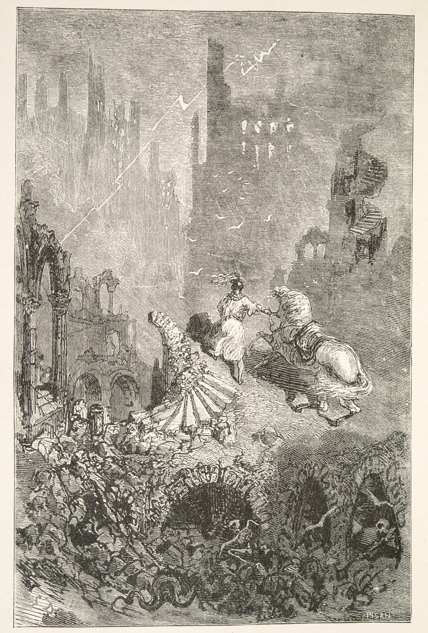 Der Untergang von König Pellams Schloss, aus Geschichten der Tage von König Artus von Charles Henry Hanson, veröffentlicht 1898 von Gustave Dore
