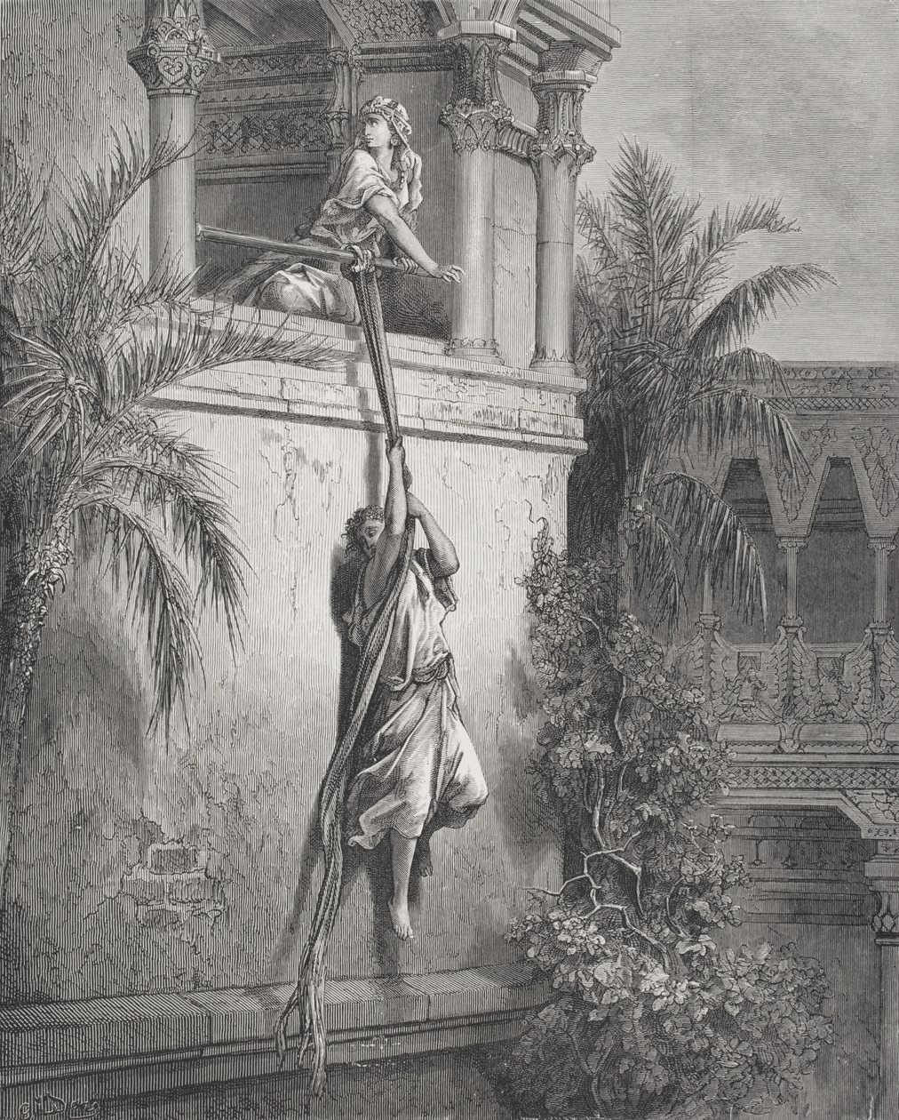 Die Flucht Davids durch das Fenster, Illustration aus Dore