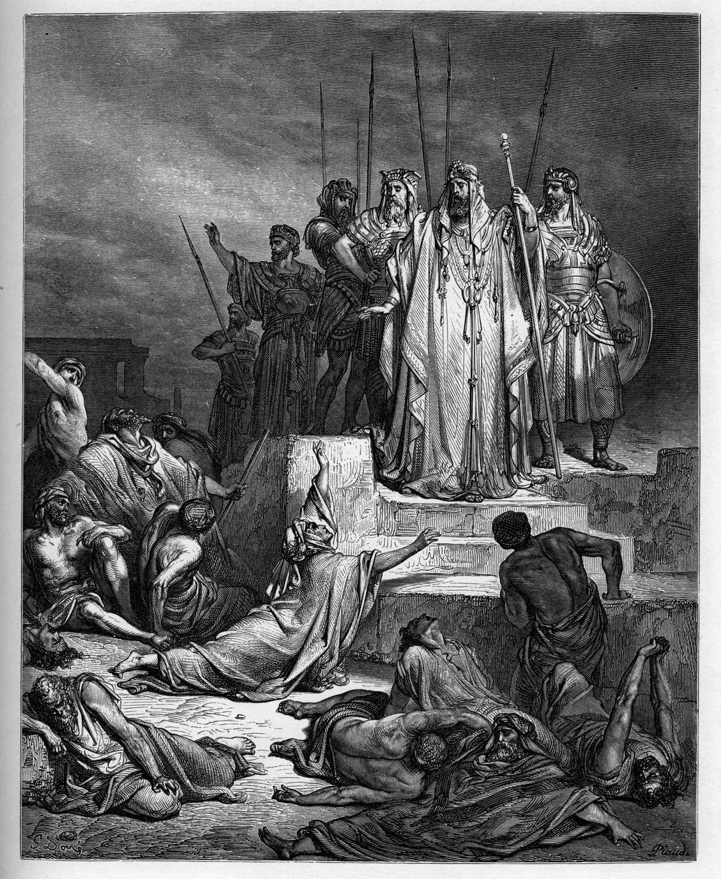 Die Hungersnot in Samaria - Altes Testament: Belagerung von Samaria. Der König von Syrien belagert die Stadt Samaria und reduzierte sie zu einer schrecklichen Hungersnot - - Gravur in "Die illustrierte Bibel" von Gustave Dore (1832-1883) - Gravur aus "Die  von Gustave Dore