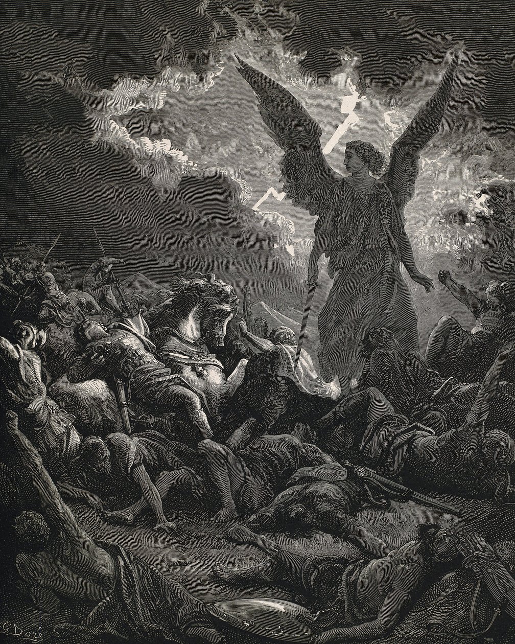 Die Heilige Bibel. 1866. SENNACHERIB (705-681 v. Chr.). König von Assyrien (705-681 v. Chr.). Engel des Herrn der Armee von Sanherib. Gravur von Gustave Dore