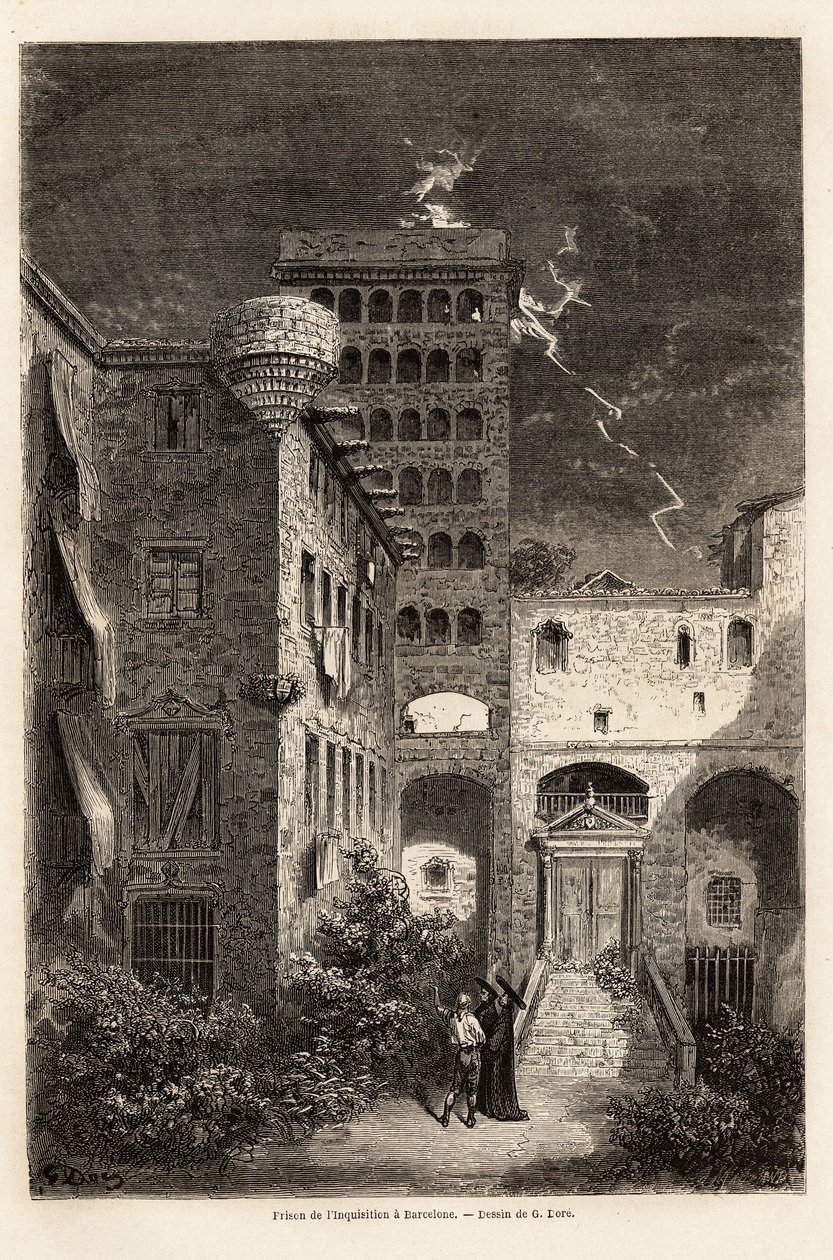 Das Gefängnis der Inquisition in Barcelona, Zeichnung von Gustave Doré (1832-1883), zur Illustration seiner Reise nach Spanien mit C. Davillier im Jahr 1862. Gravur in „Le tour du monde“, herausgegeben von Edouard Charton von Gustave Dore