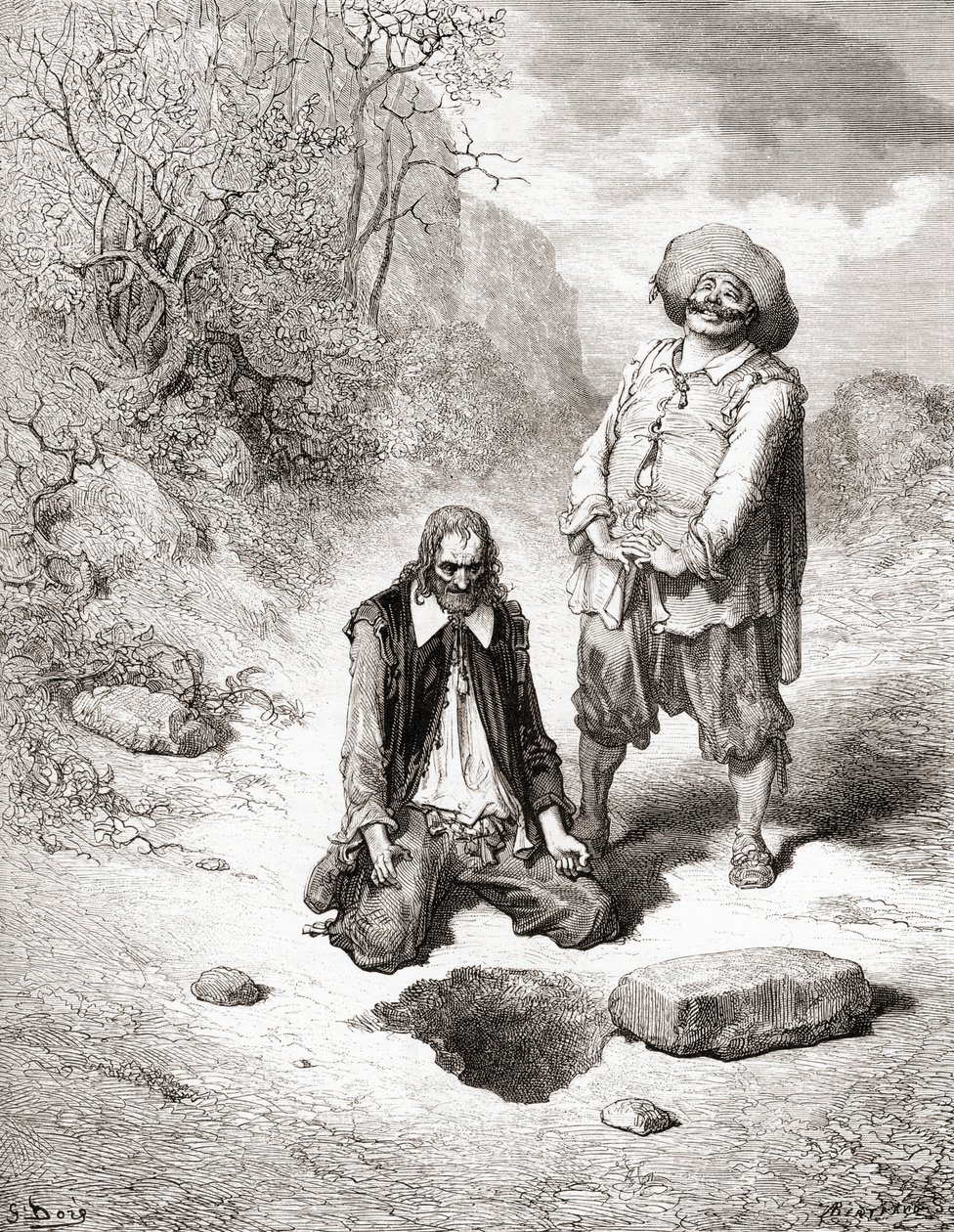 Der Geizhals, der seinen Schatz verlor, aus einer späten 19. Jahrhundert Ausgabe von Fables de La Fontaine von Gustave Dore