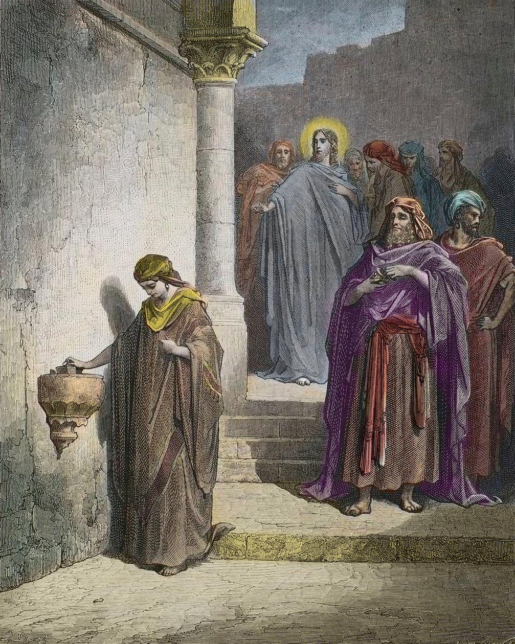 Das Scherflein der Witwe - Gravur von Gustave Doré - spätere Kolorierung von Gustave Dore