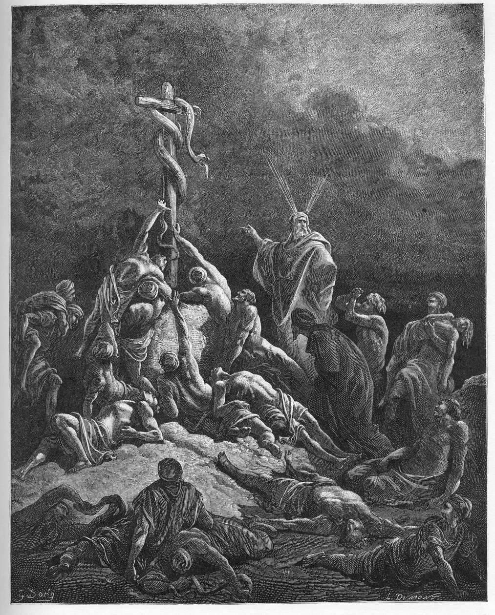 Die eherne Schlange - „Die eherne Schlange“ - Buch Exodus (Nahash), die Verwandlung des Stabes von Moses in eine Schlange - Moses und die eherne Schlange - Gravur in „Die illustrierte Bibel“ von Gustave Doré (1832-1883) - Gravur aus „Die Doré-Bibel“ von Gustave Dore