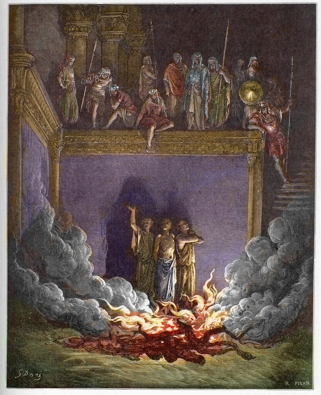 Der brennende Ofen (die drei Kinder von Babylon, die drei jungen Hebräer oder die drei jungen Männer) Ananias, Azarias und Misael in einen brennenden Ofen geworfen, weil sie sich weigerten, vor der Statue des Königs von Babylon niederzuknien - Die drei jun von Gustave Dore