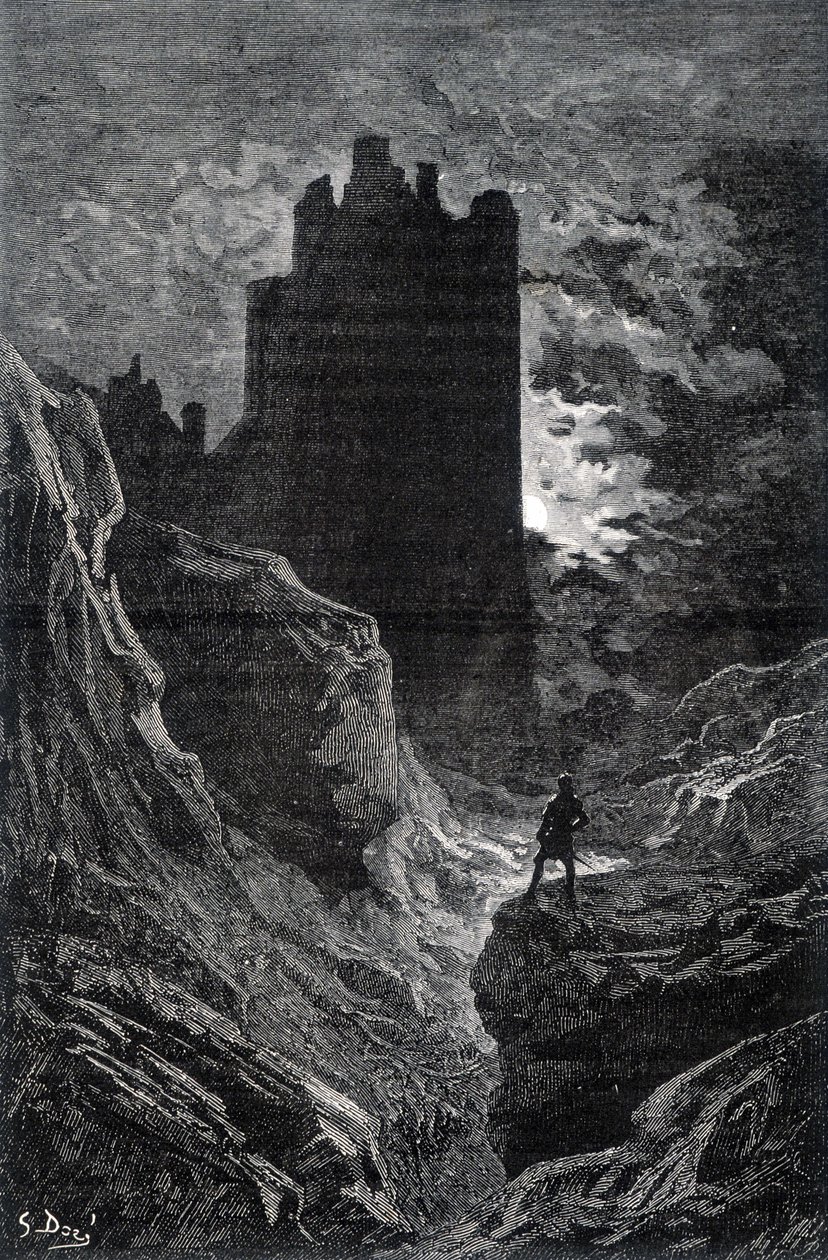 Das Schloss der Angst - Illustration der Angst von Gustave Doré, Gravur von Gustave Dore