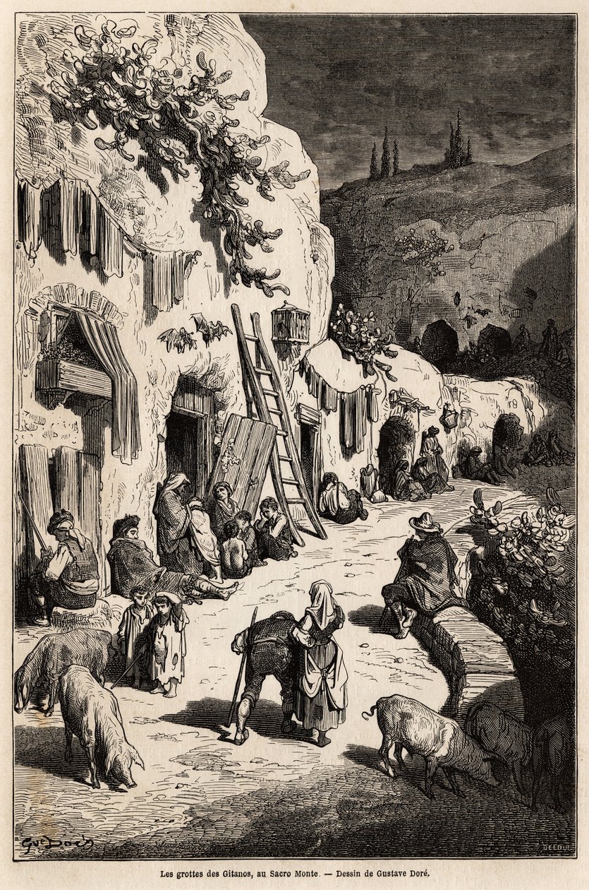 Die Höhlen (unterirdische Häuser) der Zigeuner, in Sacro Monte, in Granada. Zeichnung von Gustave Doré, zur Illustration seiner Reise nach Spanien im Jahr 1862, begleitet von Ch. Davillier. Gravur in „Le tour du monde“, herausgegeben von Edouard Charton von Gustave Dore
