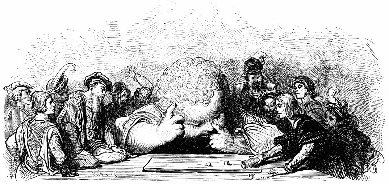 Die Erziehung des Kindes Gargantua: Er lernt, die Würfel zu spielen. Illustration von Gustave Doré für das Werk von François Rabelais. von Gustave Dore
