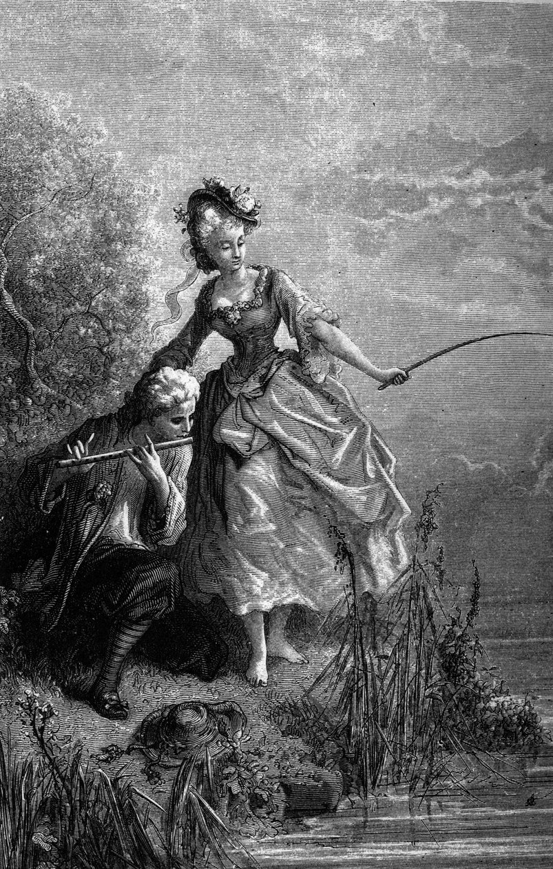 Der Fisch und der Hirte, der Flöte spielt. Der Klang der Flöte dient als Köder. Fabeln von Jean de La Fontaine (1621-1695). Illustration von Gustave Doré von Gustave Dore