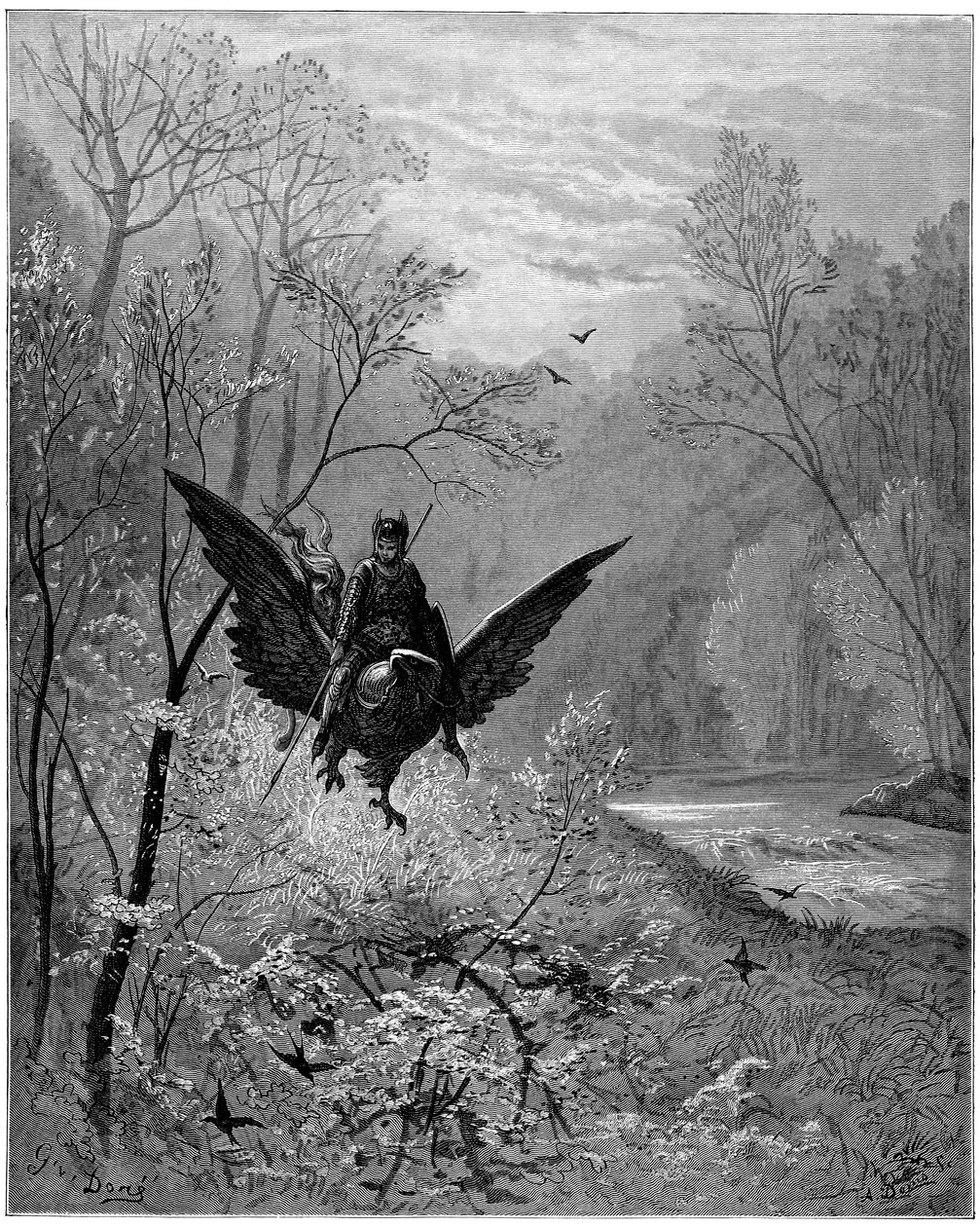 Der Hippogreif, bestiegen vom Ritter Ruggiero, erreicht eine lachende Region - Gravur von Gustave Doré zur Illustration von „Der rasende Roland“ von Ludovico Ariosto von Gustave Dore
