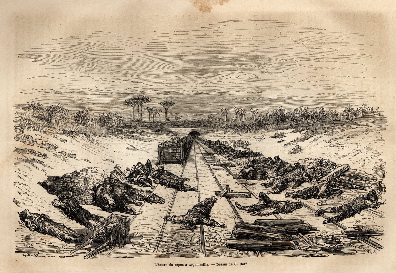 Die Ruhepause in Argamasilla, die vielen Eisenbahnarbeiter liegen auf den Gleisen und ruhen sich in der prallen Sonne aus. Gravur zur Illustration der Reise nach Spanien von Gustave Doré (1832-1883) Illustrator und Baron Ch. Davillier Redakteur, 1862, verö von Gustave Dore