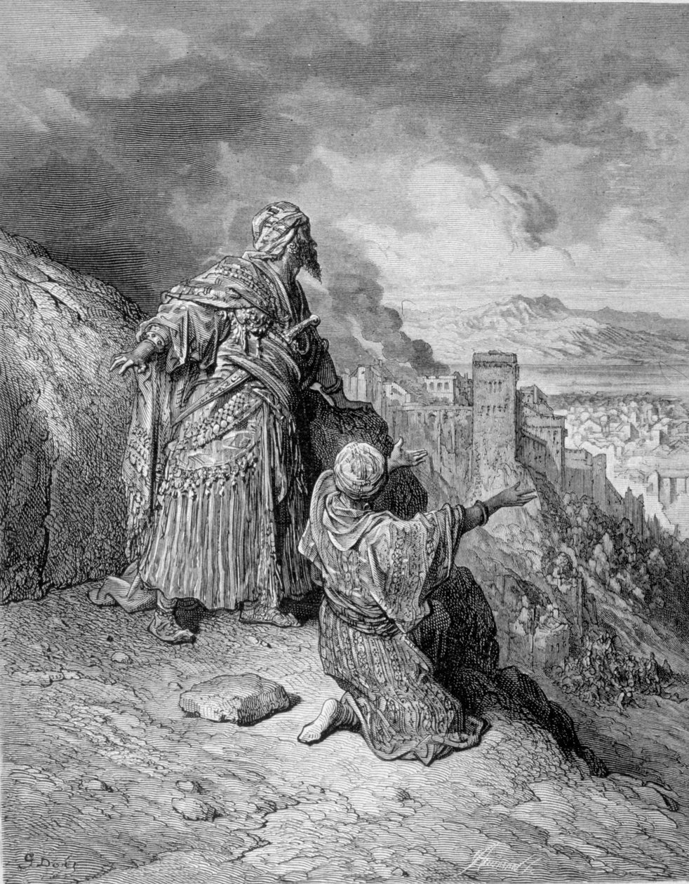 Der letzte der arabischen Könige verließ Granada nach seiner Belagerung durch die Katholiken im Jahr 1492. Gravur von Gustave Doré von Gustave Dore