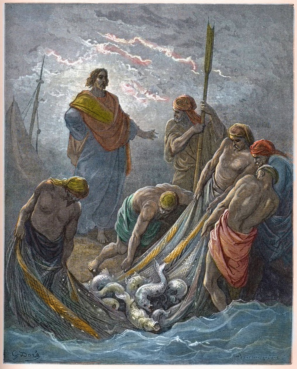 Der wunderbare Fischfang - Wunderbares Fischen - Gravur in „Die illustrierte Bibel“ von Gustave Doré (1832-1883) - Gravur aus „Die Doré-Bibel“. von Gustave Dore