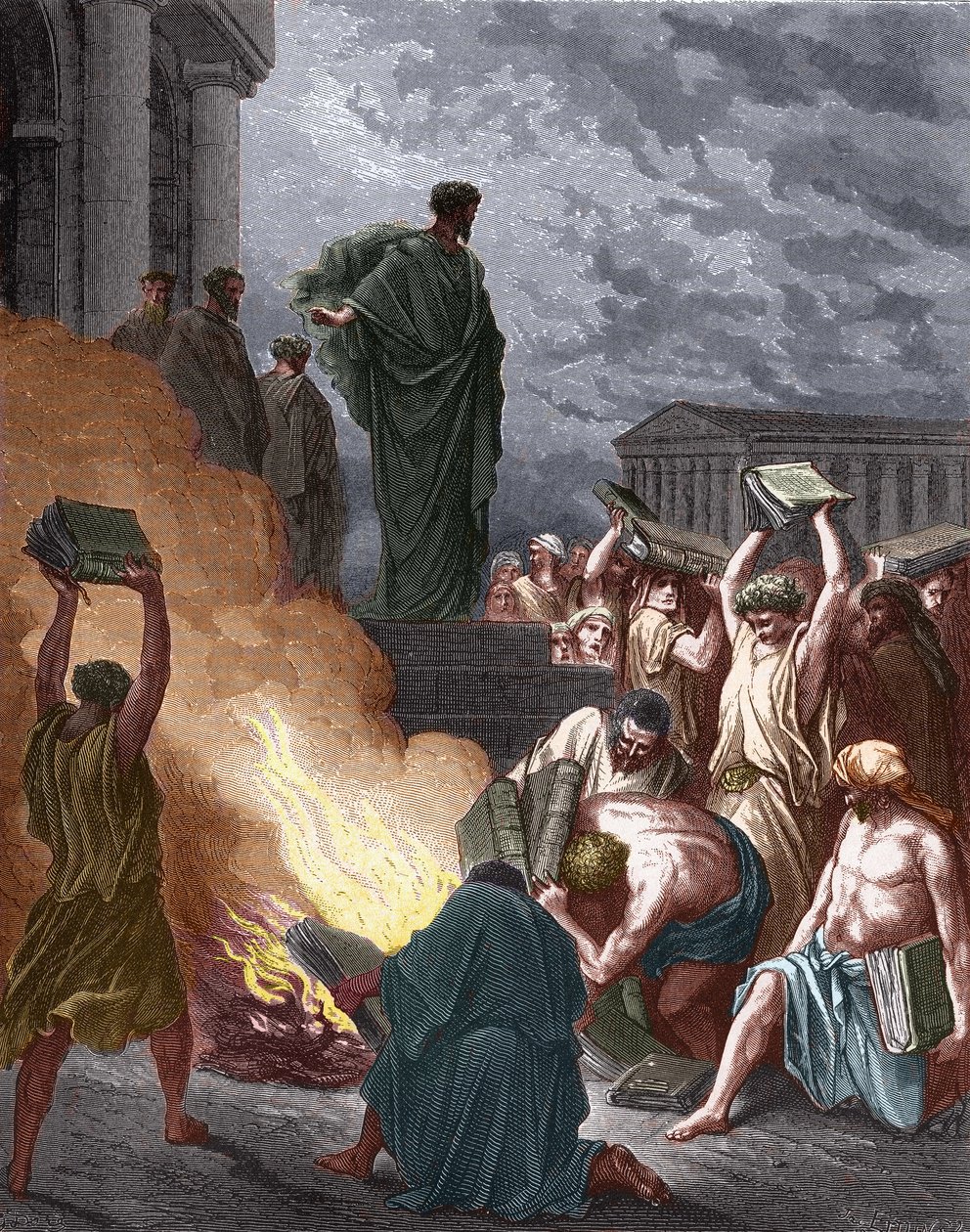 Die Prophezeiung des Paulus an Ephesus. Juden, die sich mit Exorzismus beschäftigten, verbrennen die Bücher. Illustration von Gustave Doré von Gustave Dore