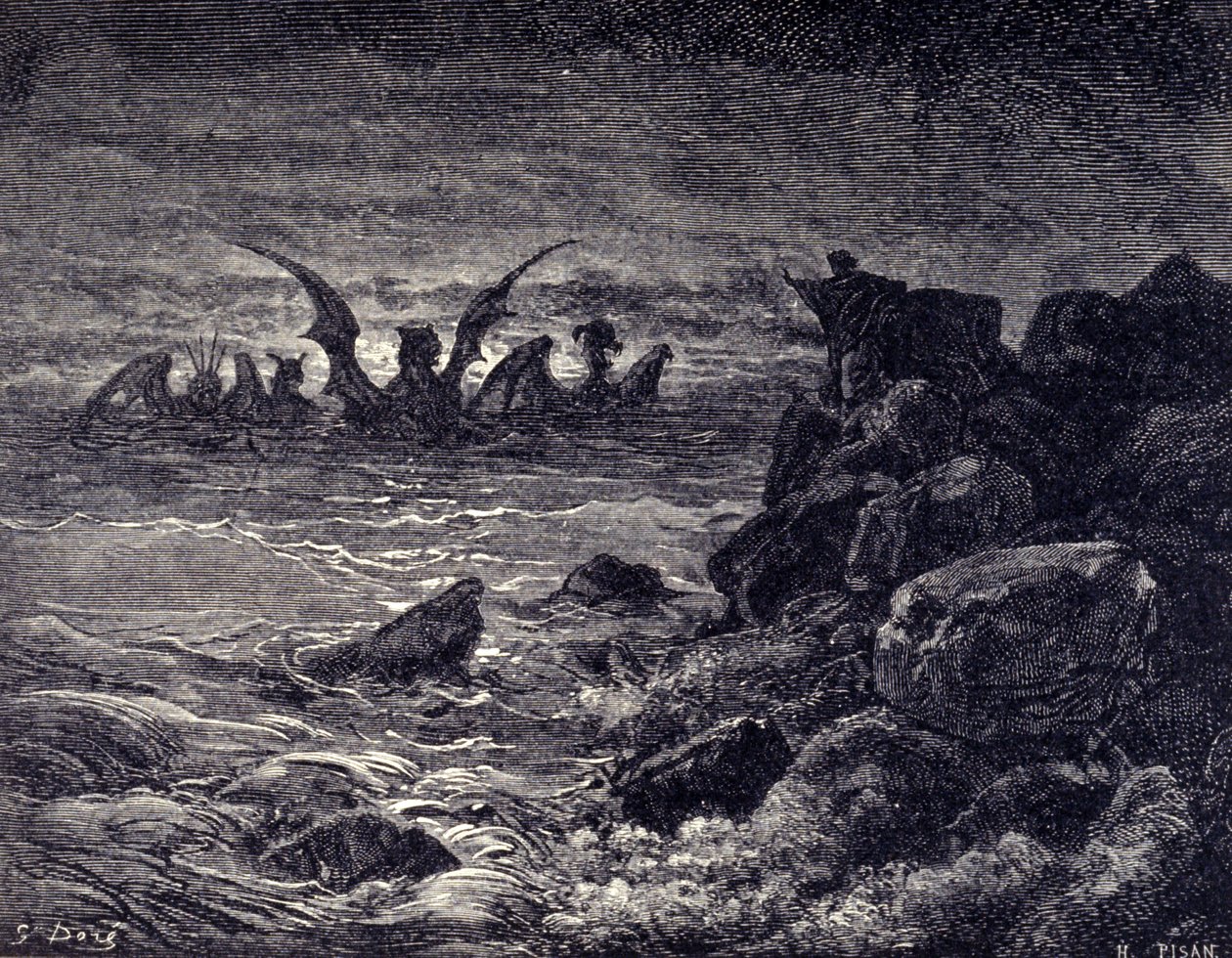 Der Prophet Daniel sieht Monster erscheinen: Haniel, Kafziel, Azriel, Aniel. Gravur aus der Bibel illustriert von Gustave Doré. 19. Jahrhundert von Gustave Dore