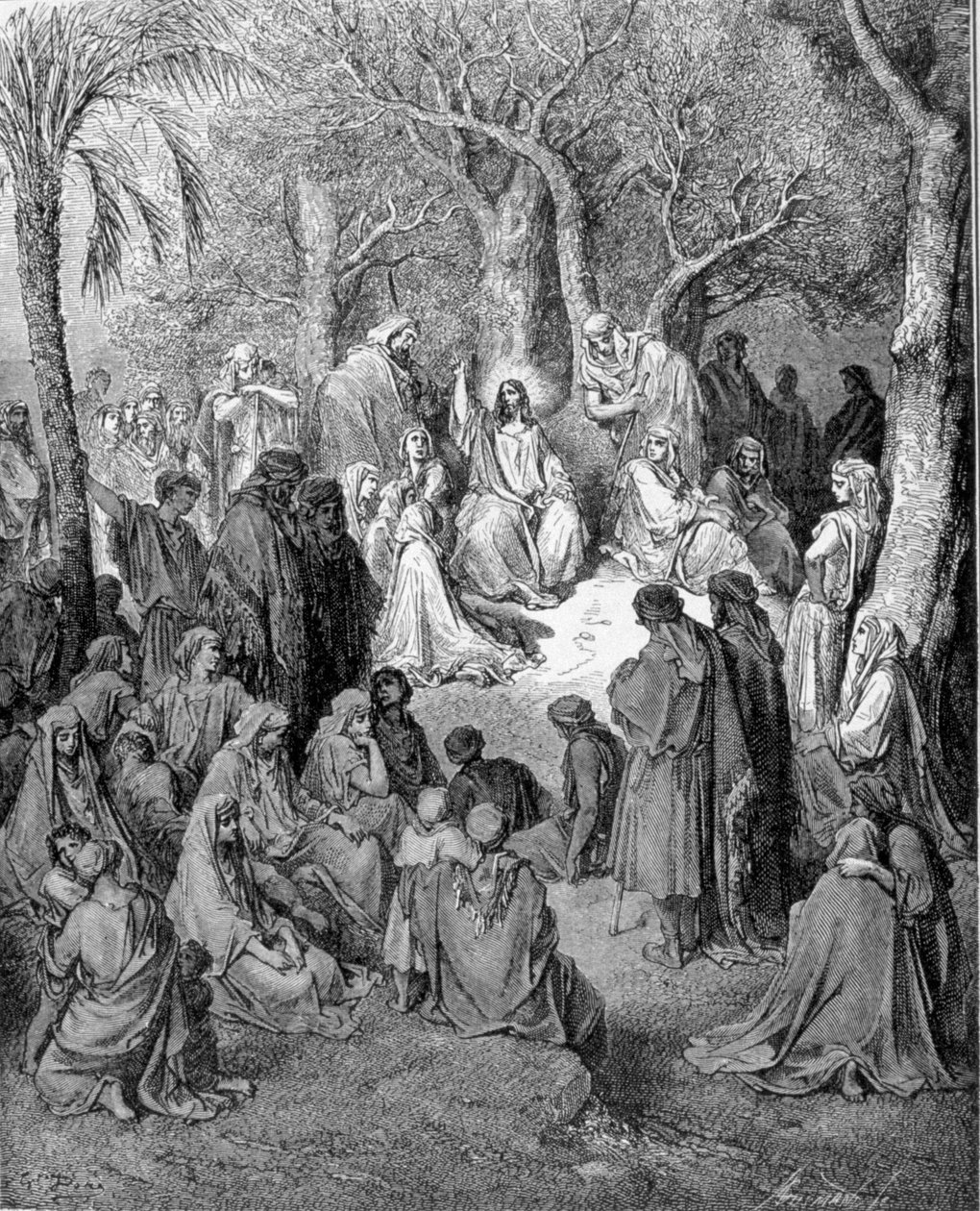 Die Bergpredigt: Jesus Christus predigt vor all seinen Jüngern. Illustration der Bibel (Neues Testament) von Gustave Doré (1832-1883) 1866 von Gustave Dore