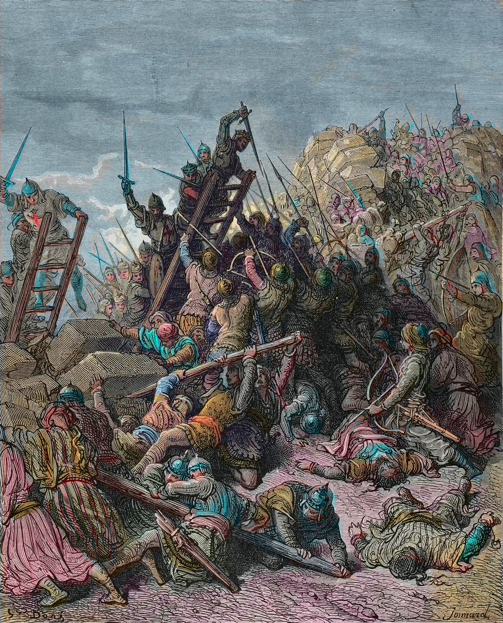 Die Belagerung von Ptolemais während des Dritten Kreuzzugs 1189 - Gravur von Gustave Doré aus „Geschichte der Kreuzzüge“ von Joseph-François Michaud von Gustave Dore
